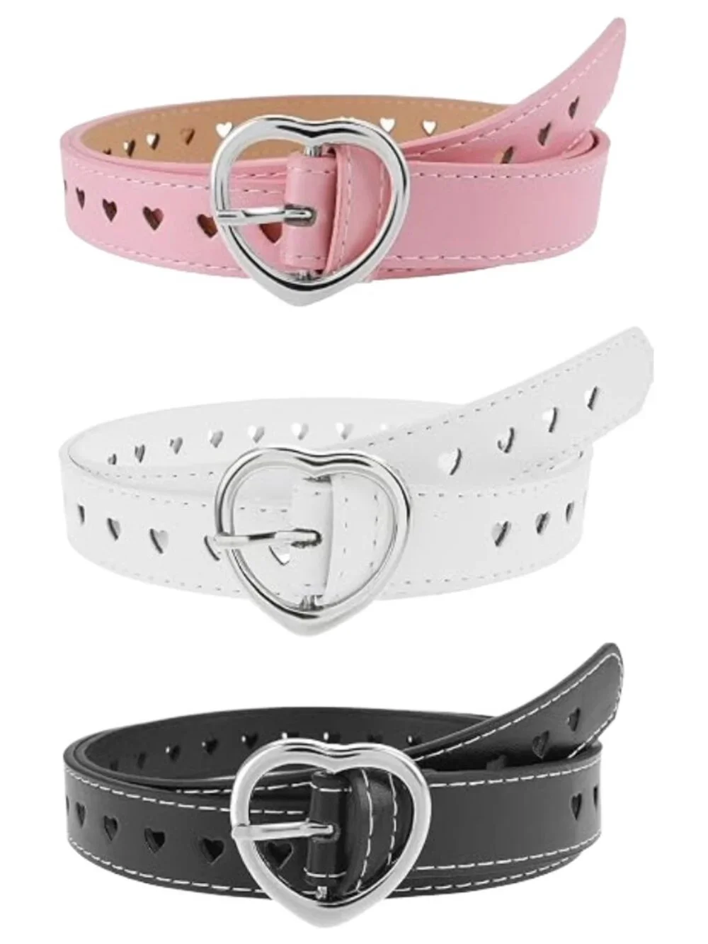 Girls Heart Buckle Belts 3-Pack Pink White Black Adjustable Faux Leather